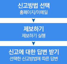 신고방법선택(홈페이지, 이메일) > 제보하기(제보하기 실행) > 신고에 대한 답변 받기(선택한 신고방법에 따른 답변)